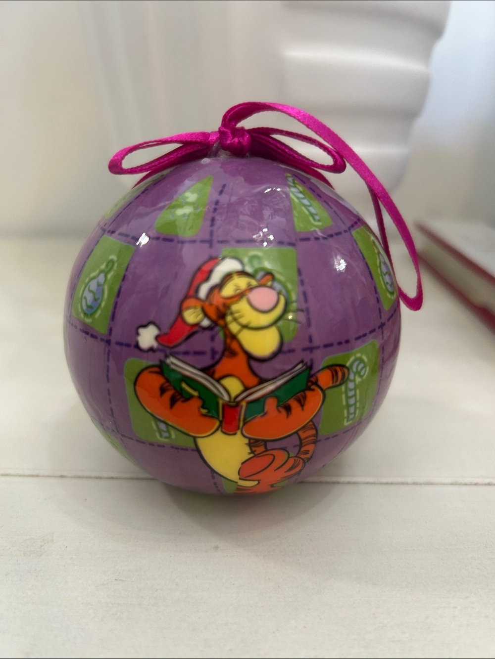 Disney Purple Holiday Ornament with Green Accents and Pink Ribbon